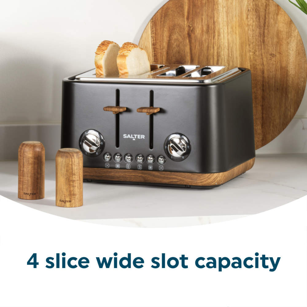 Black 4-slice wide-slot toaster with bread slices