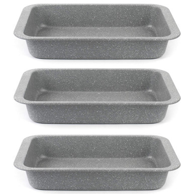 Set of three grey speckled non-stick roasting tins, rectangular, shown stacked side by side.