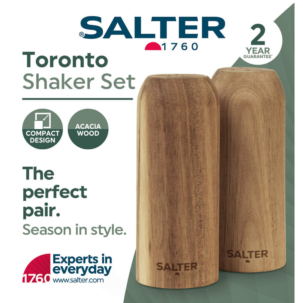 Set of two acacia wood shakers with compact design, Salter brand, for seasoning food.