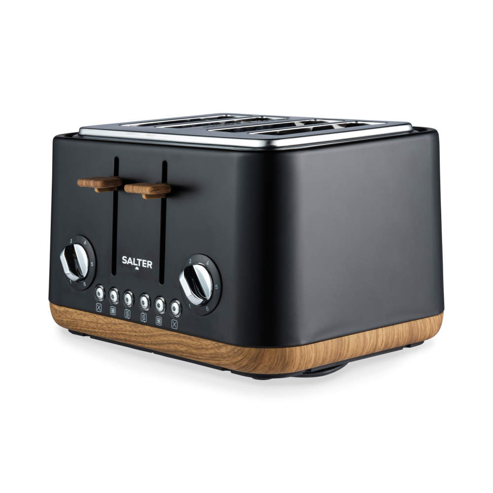 Black four-slice toaster with wood-effect base and controls