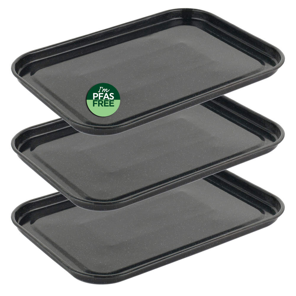 Set of three black baking trays with PFAS free label