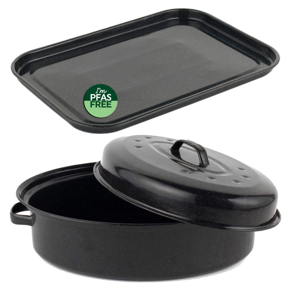 Black oval roasting pan with lid and tray, PFAS free label, cookware product image