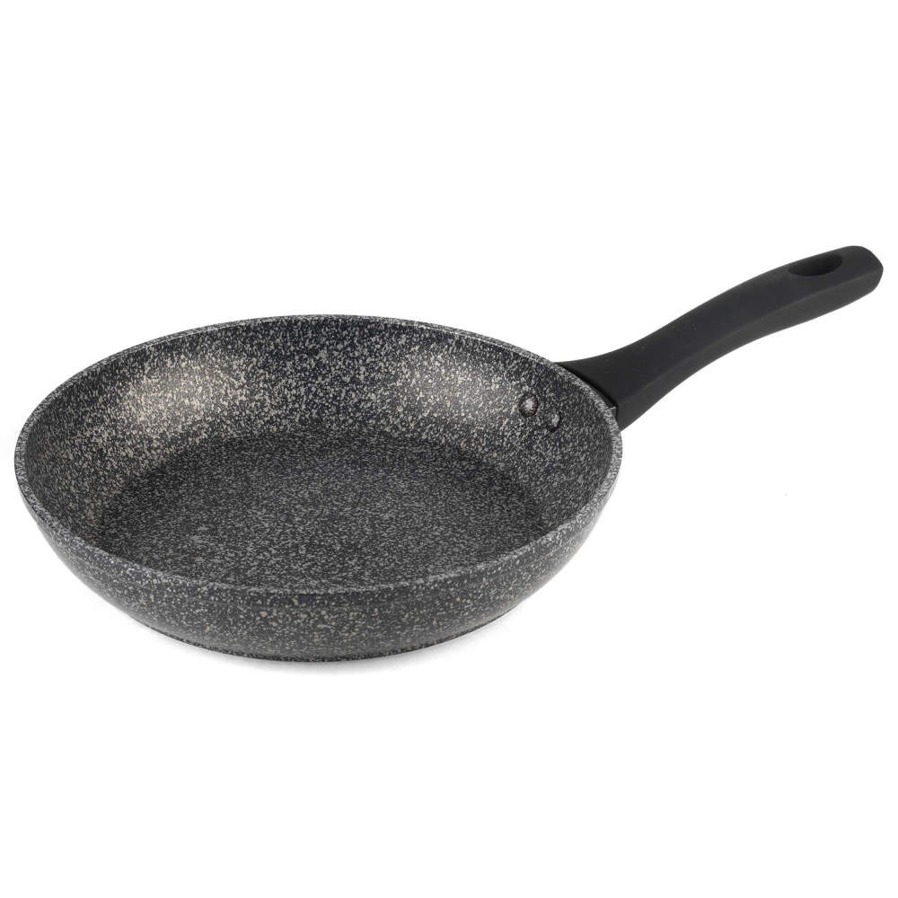 Non-stick stone effect frying pan with black handle, shown at angle on white background