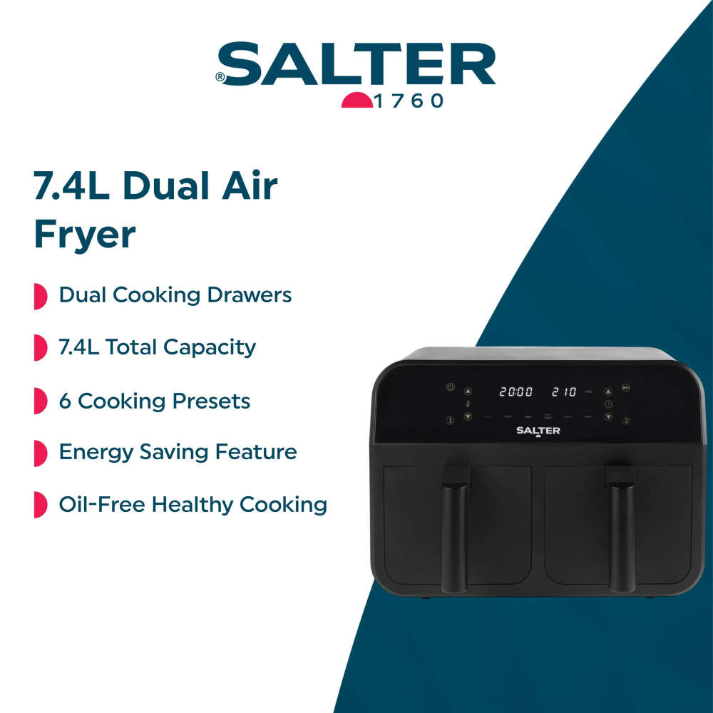 Banner for Salter 7.4L dual air fryer showing black appliance and key features
