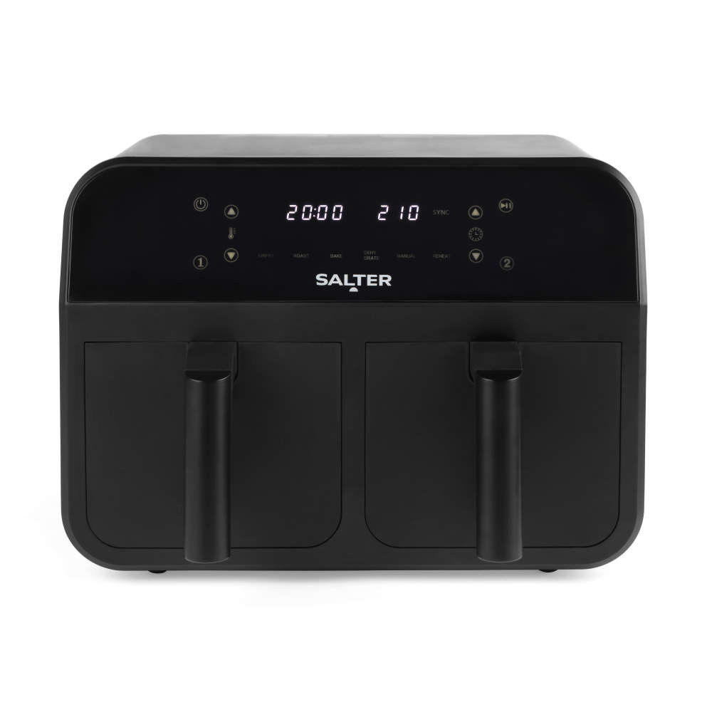 Black digital dual air fryer with touch controls and twin baskets, front view