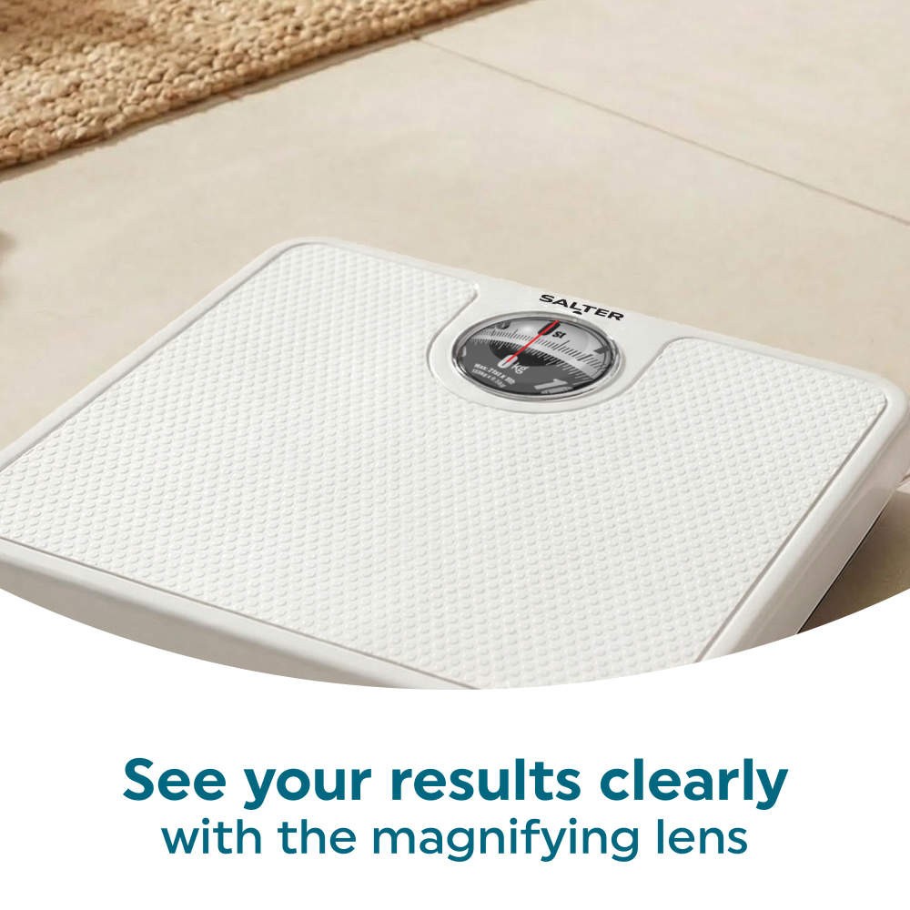 White Salter analogue bathroom scale with magnifying lens display