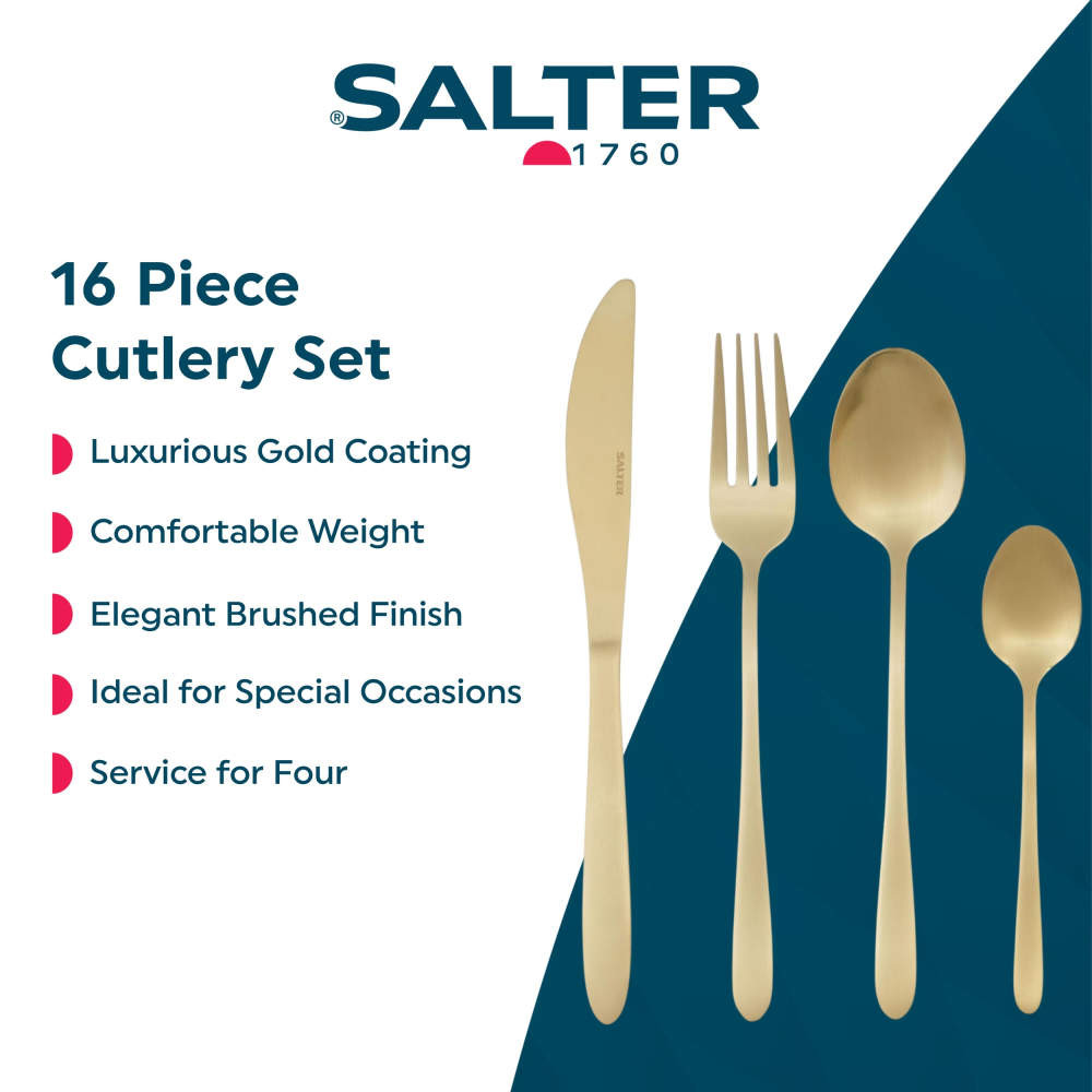 Banner showing Salter gold 16 piece cutlery set with knife, fork, spoon and teaspoon.