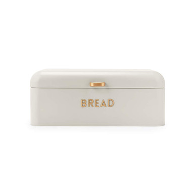 Cream bread bin with gold handle and BREAD lettering, front view