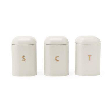 Set of three cream storage tins for sugar, coffee and tea with gold lettering