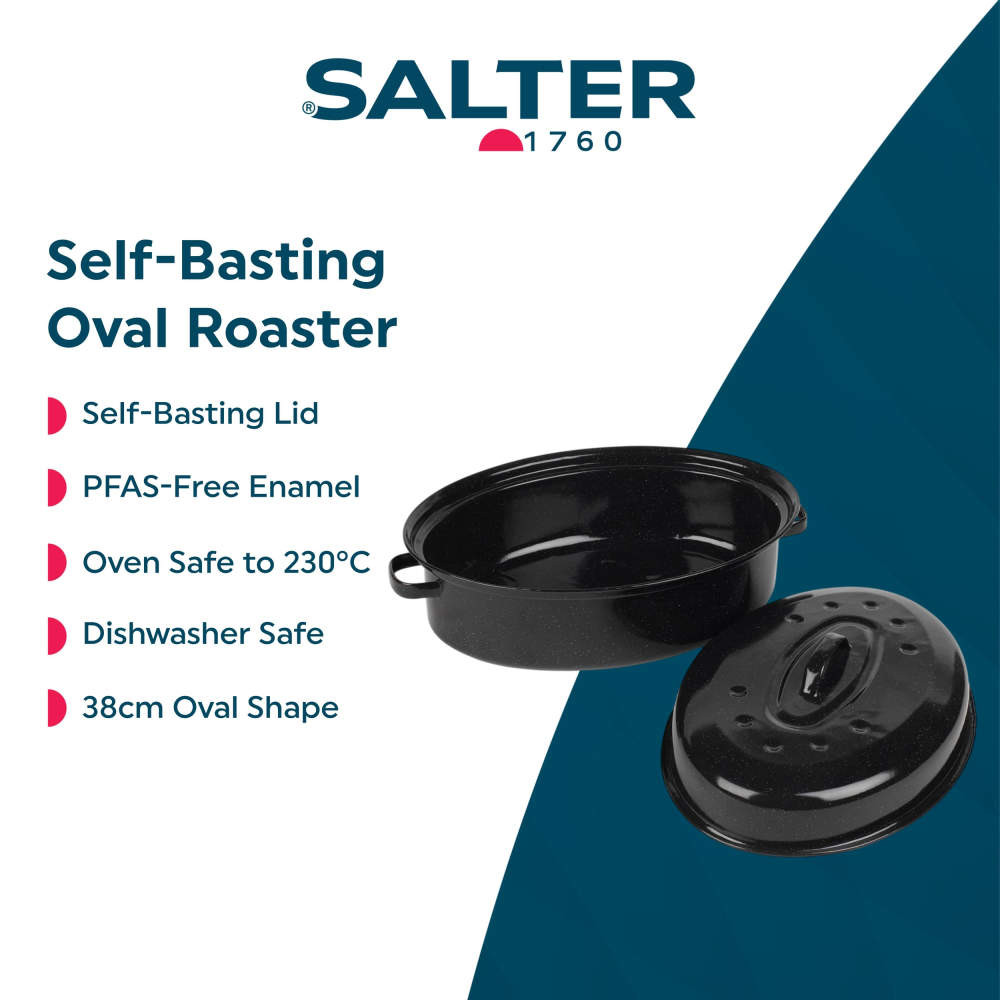 Black oval self-basting roaster with lid, 38cm, PFAS-free enamel, shown for oven and dishwasher use.