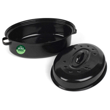 Black oval roasting tin with handles and matching lid, PFAS free label