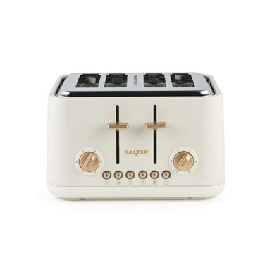 Cream four-slice toaster with rose gold controls, front view