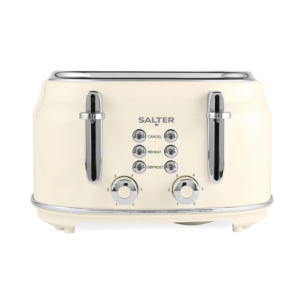 Cream four-slice toaster with chrome trim and front controls