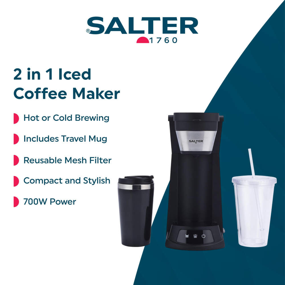 Black 2 in 1 iced coffee maker with travel mug and clear cup, shown with key features listed.
