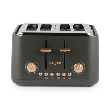 Black and copper four-slice toaster, front view