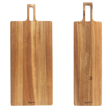 Set of two rectangular acacia wood serving boards with handles, shown side by side.