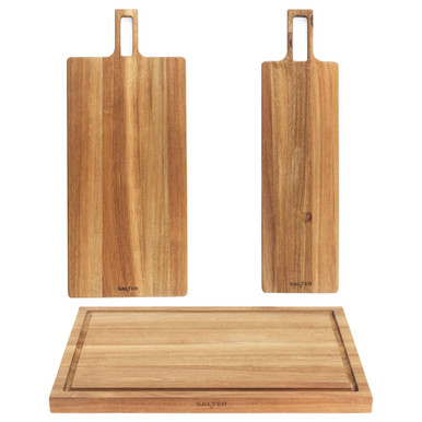 Set of three rectangular acacia wood chopping boards with handles, plain finish.
