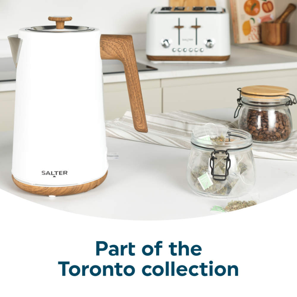 White Salter kettle with wood-effect handle, part of the Toronto collection