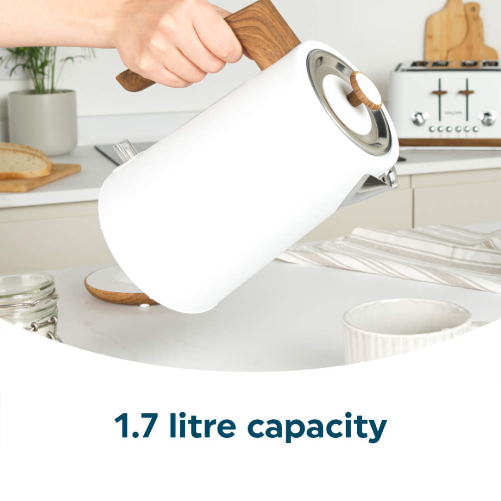 White 1.7 litre kettle with wood-effect handle
