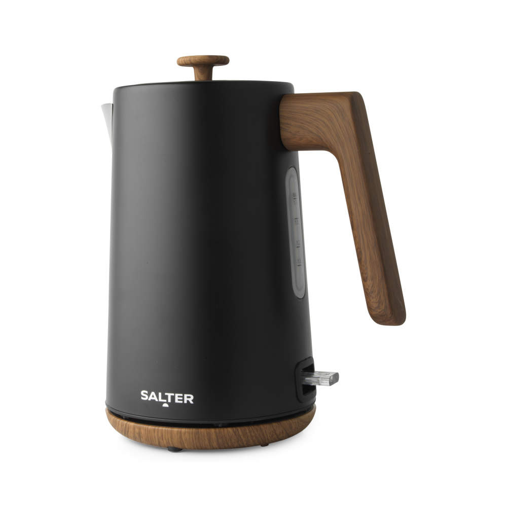 Black electric kettle with wood-effect handle and base
