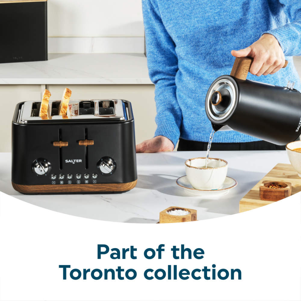 Black kettle and 4-slice toaster from the Toronto collection on a kitchen counter