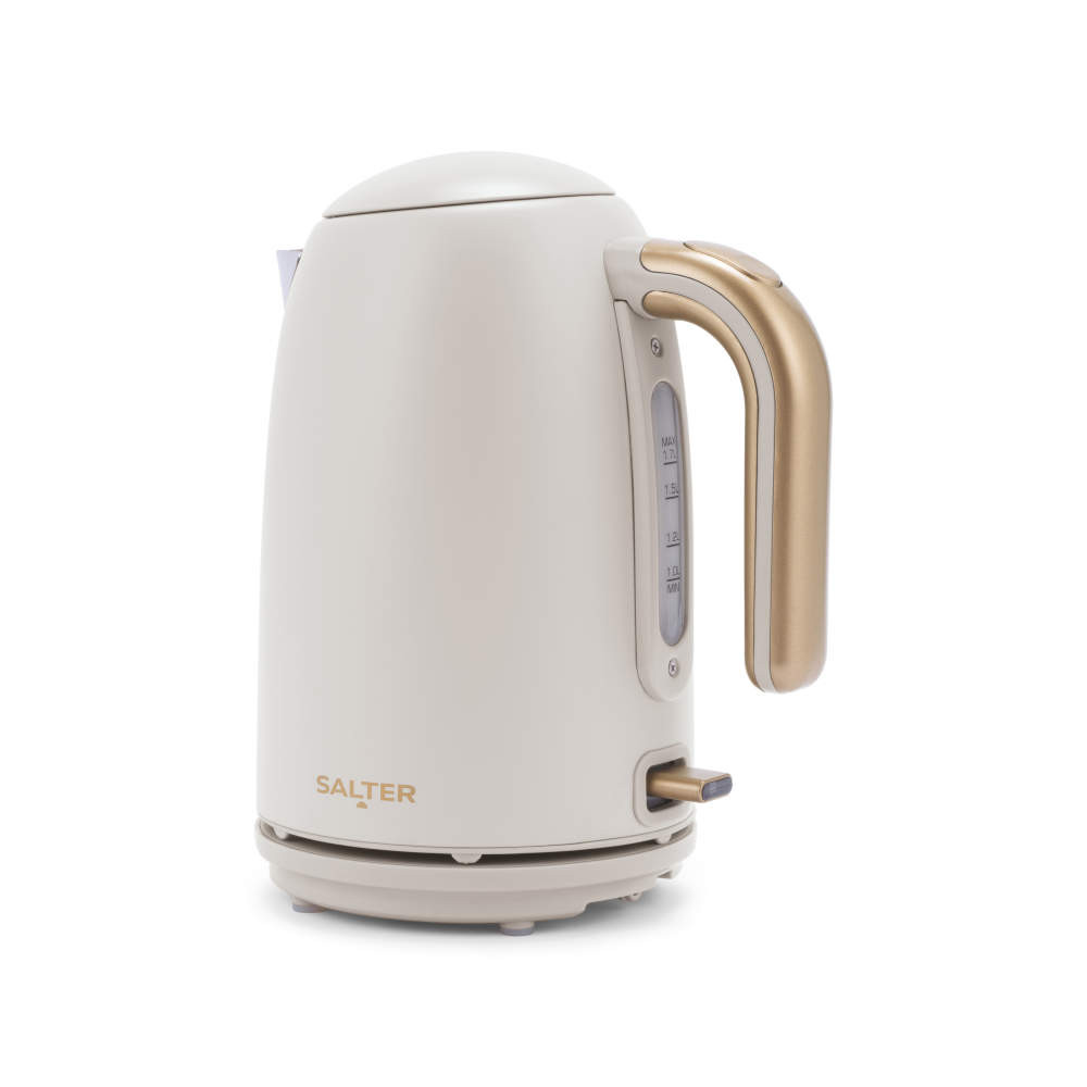 Cream electric kettle with champagne gold handle, side view