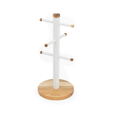 White and wood mug tree for kitchen worktop, holds six mugs.
