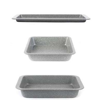 Set of grey speckled non-stick baking trays in assorted sizes, shown at different angles