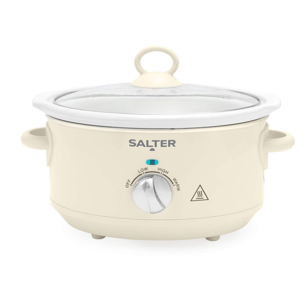Cream Salter slow cooker with glass lid, front view showing control dial.