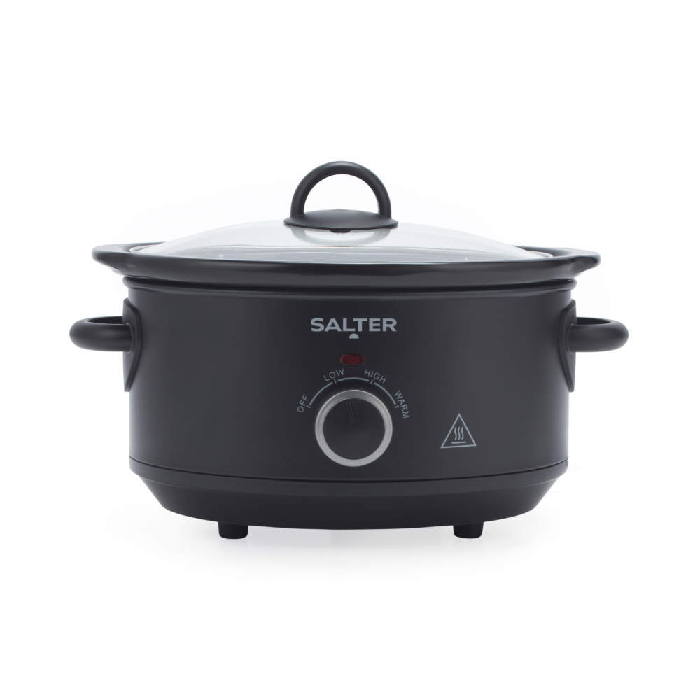 Black Salter slow cooker with glass lid shown from front