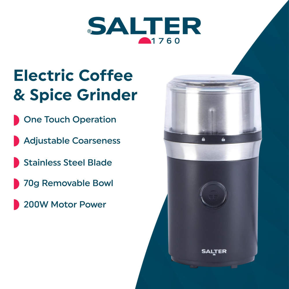 Black Salter electric coffee and spice grinder with clear lid, shown upright; key features highlighted.
