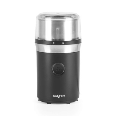 Black and silver electric coffee grinder with transparent lid, front view