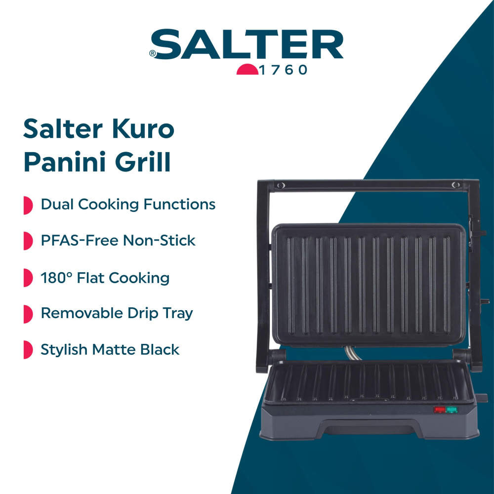 Panini grill in matte black with dual cooking, PFAS-free non-stick, and drip tray.