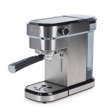 Silver espresso coffee machine with steam wand and black handle, shown at angle