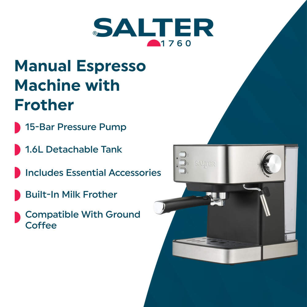 Manual espresso machine in brushed steel finish with milk frother and 1.6L tank