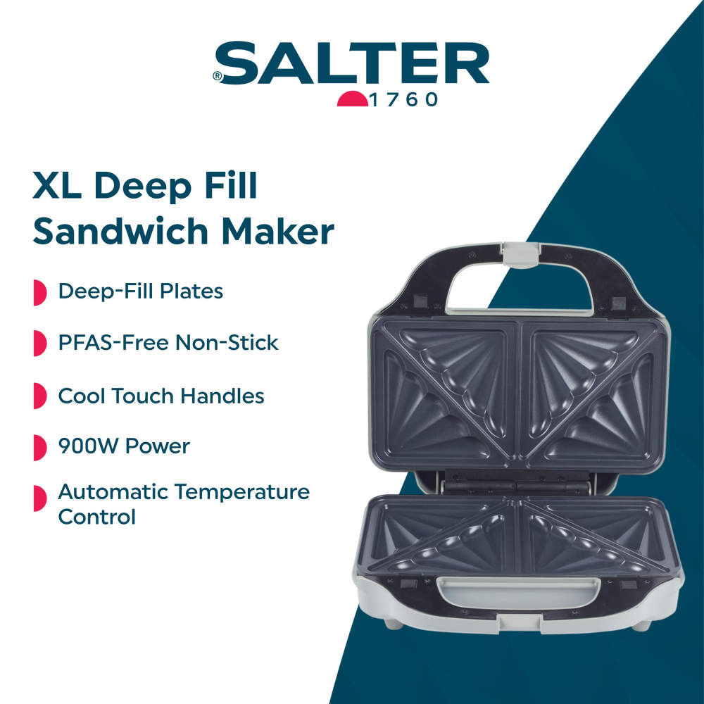 Salter XL deep fill sandwich maker open, showing deep-fill plates and cool touch handles.