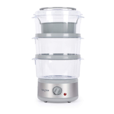 Silver electric food steamer with three clear stackable tiers, front view
