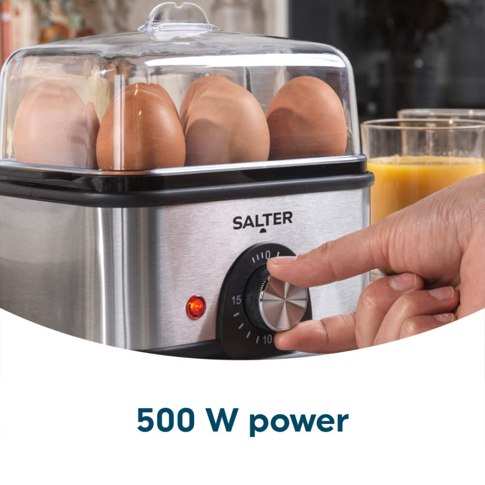 Egg cooker with clear lid and dial control, showing 500W power