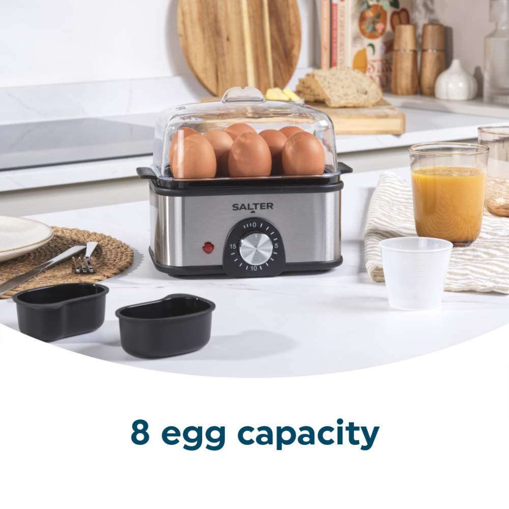 Salter silver egg cooker with 8 eggs under clear lid