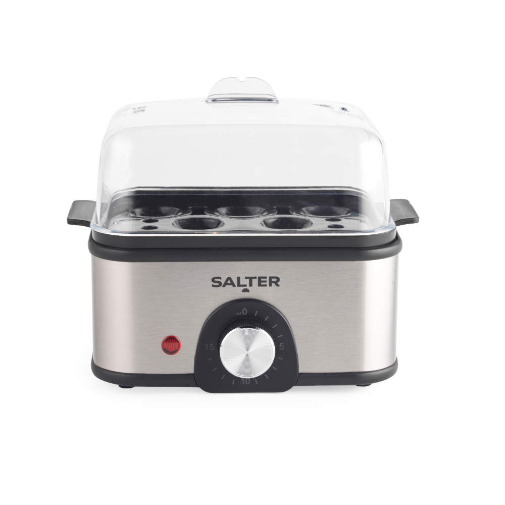 Salter stainless steel egg cooker with timer dial and clear lid, front view