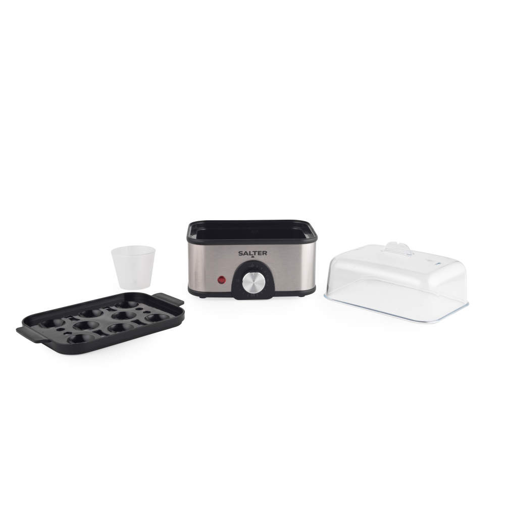 Silver electric egg cooker with accessories, shown disassembled on white background