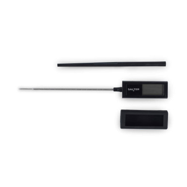 Digital meat thermometer with black case and Salter logo, shown disassembled.