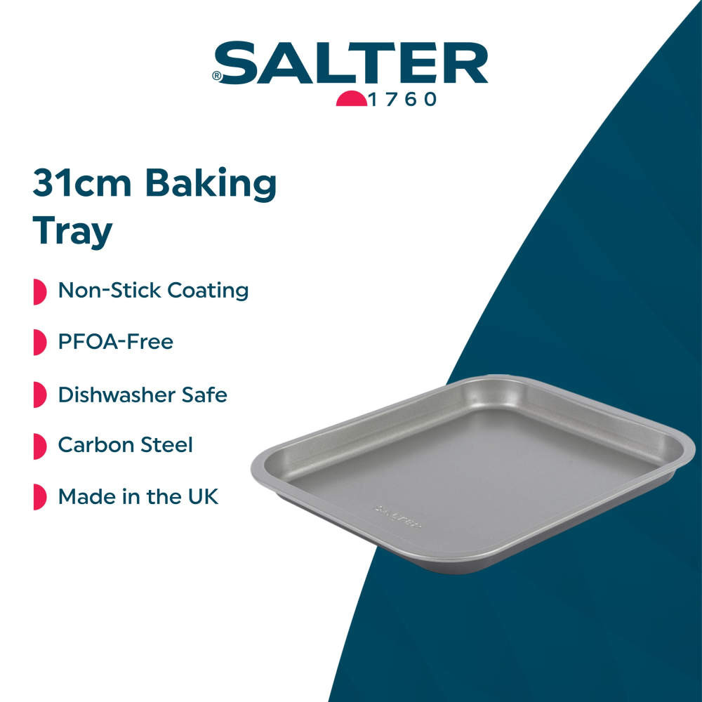 31cm non-stick carbon steel baking tray, grey, dishwasher safe, made in the UK.