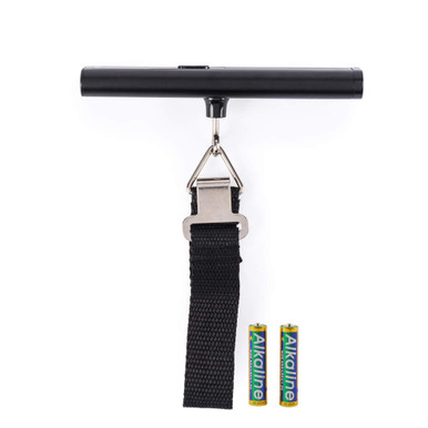 Black electronic luggage strap scale with 2 alkaline AAA batteries, front view