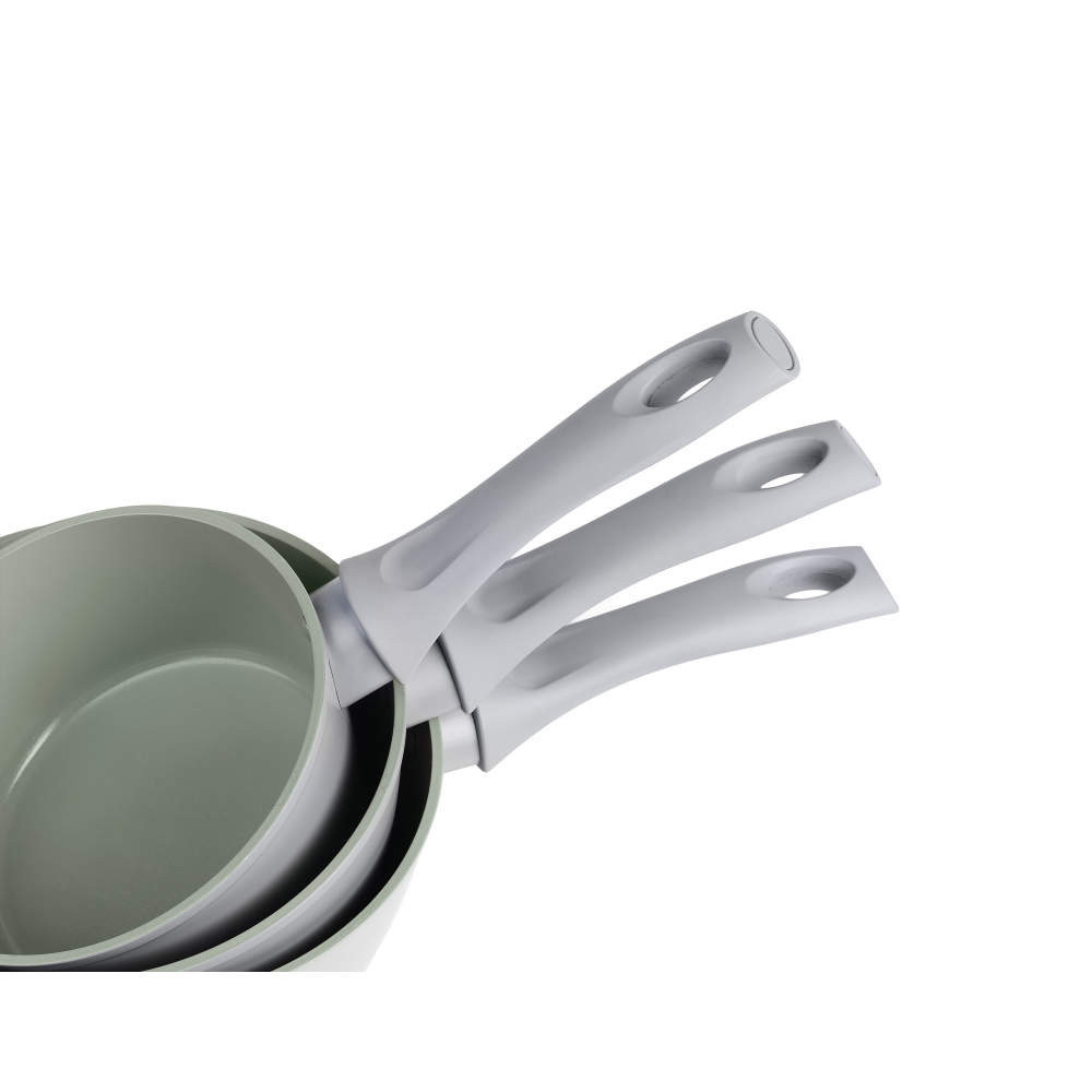Set of three green saucepans with grey handles, stacked together