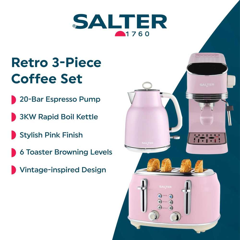 Salter retro 3-piece coffee set in pink with espresso machine, kettle, and toaster
