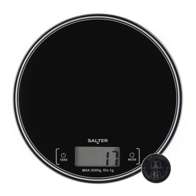 Black round digital kitchen scale with display, shown with CR2032 battery