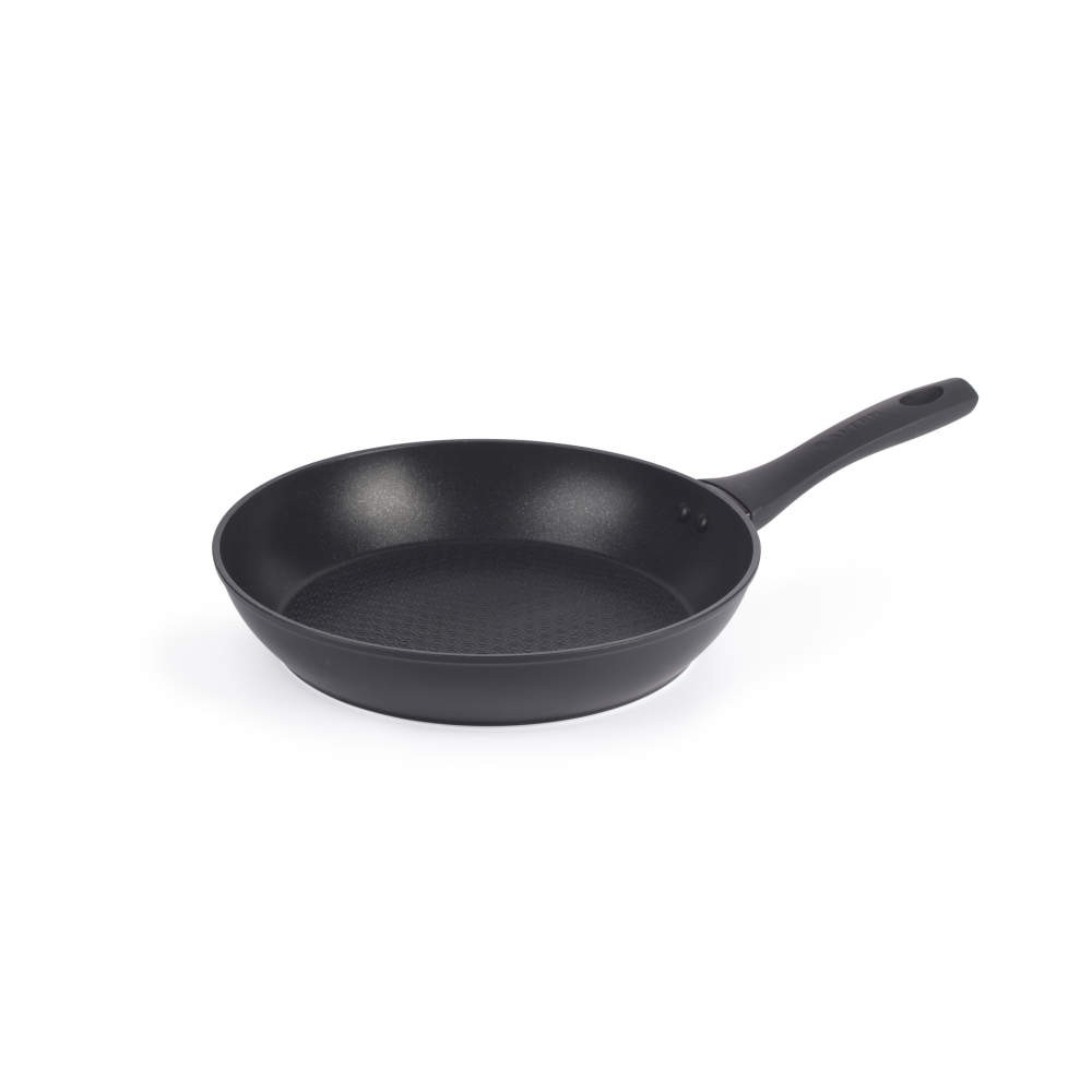 Black non-stick frying pan with handle, shown on white background