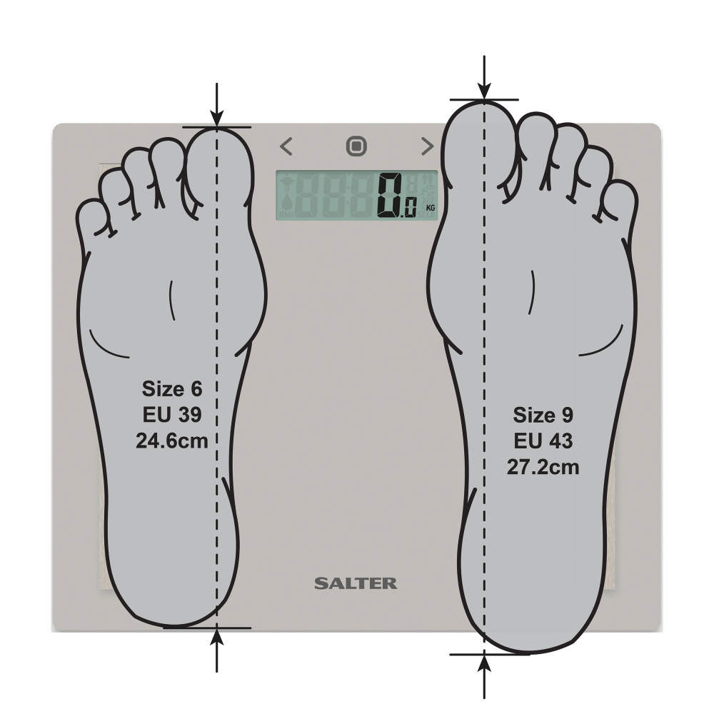 Digital bathroom scale with illustration showing foot placement for UK sizes 6 and 9.