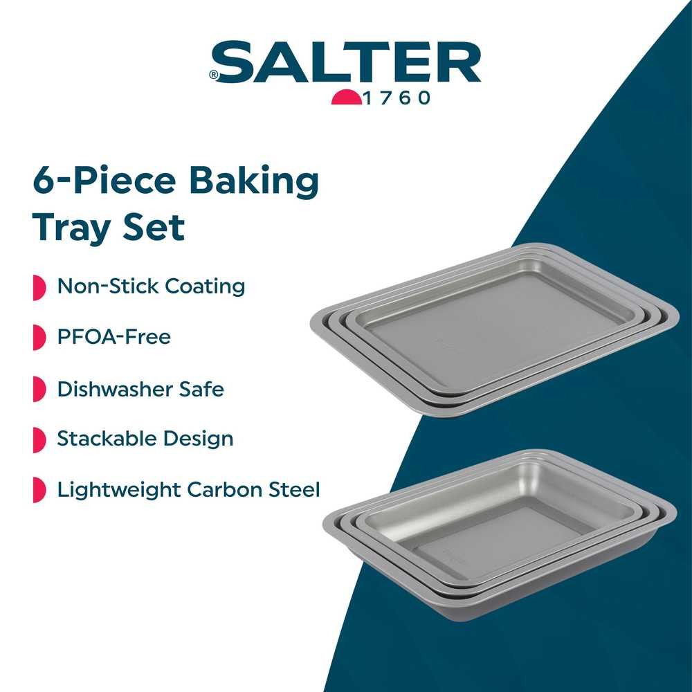 Six-piece non-stick baking tray set in silver, stackable, PFOA-free, dishwasher safe.